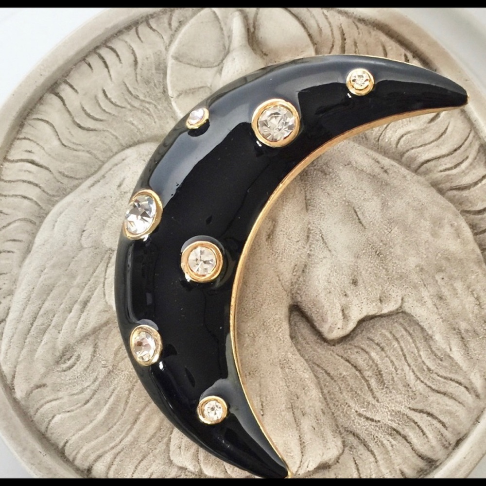 VTG Dior Black Enamel Rhinestone Crescent Moon Brooch